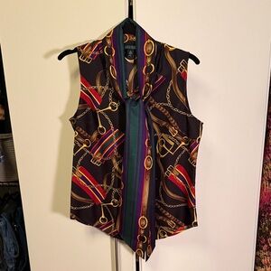 Lauren Ralph Lauren Black Chain-Print Sleeveless Tie-Neck Top